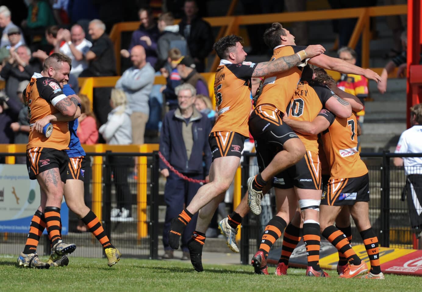 2015 - Dewsbury v Workington - Carl Forber is mobbed after drawing the game 3